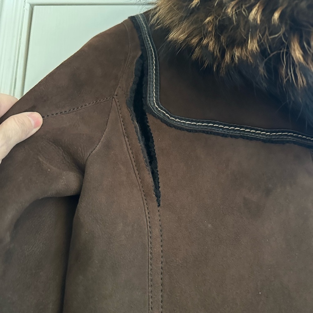 Coach Brown Suede Shearling Toggle Coat Fur Hood  * flaw Designer READ Size 6 - Picture 10 of 16